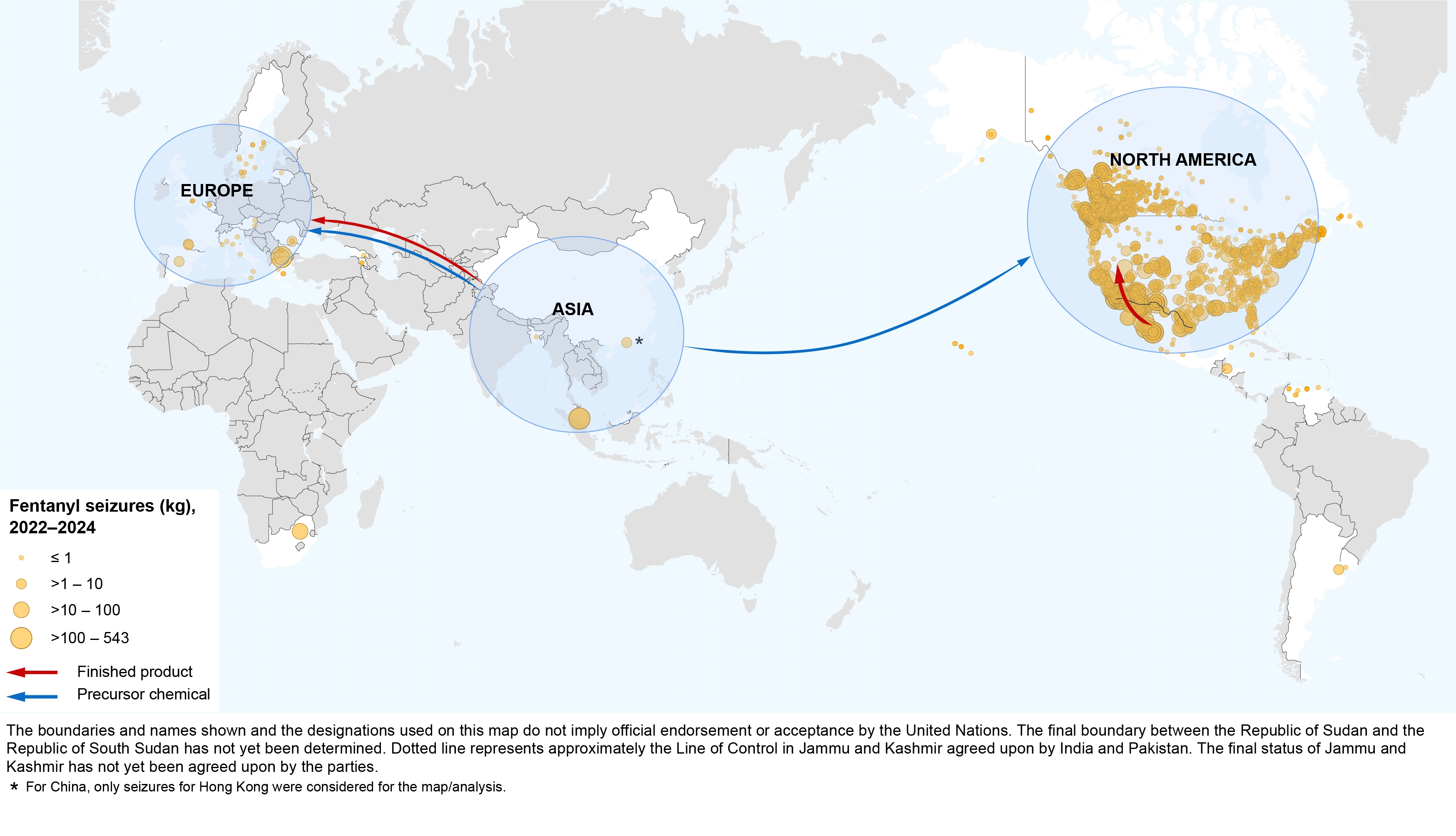 Fentanyl related to main trafficking routes, 2022-2024